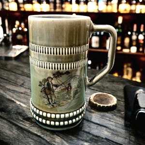 Vintage 1950’s Irish Wade Large Tankard Beer Stein - Hand painted Fly Fishing Scene