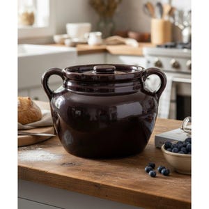 May include: A dark brown, glazed ceramic pot with a matching lid and two side handles. The pot has a rounded, bulbous body and a smooth, reflective surface. It is positioned on a wooden surface, showcasing a classic design with a wide opening.