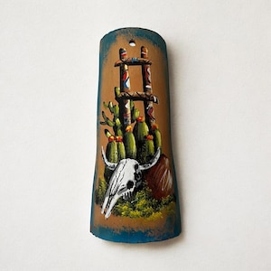 Vintage Hand-Painted Terracotta Roofing Tile – Southwestern Cactus & Skull Wall Art – Rustic Desert Decor