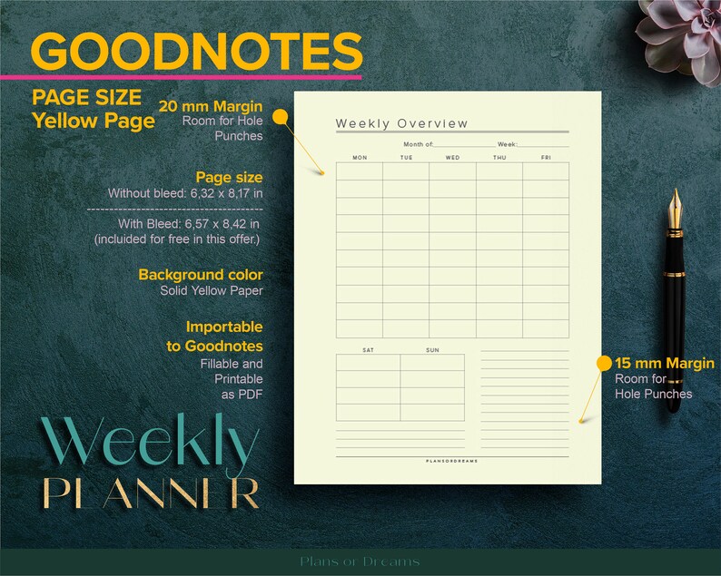 Goodnotes Yellow Page Weekly Planner Weekly Overview for Goodnotes