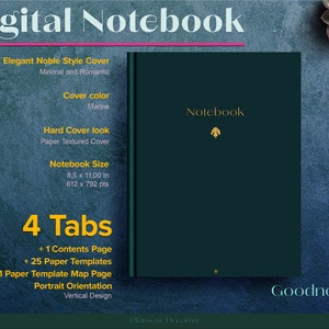 Digital Notebook with Tabs, Hyperlinked Digital Notebook, 25 Paper Templates, Goodnotes Notebook, Subject notebook, Goodnote notebook