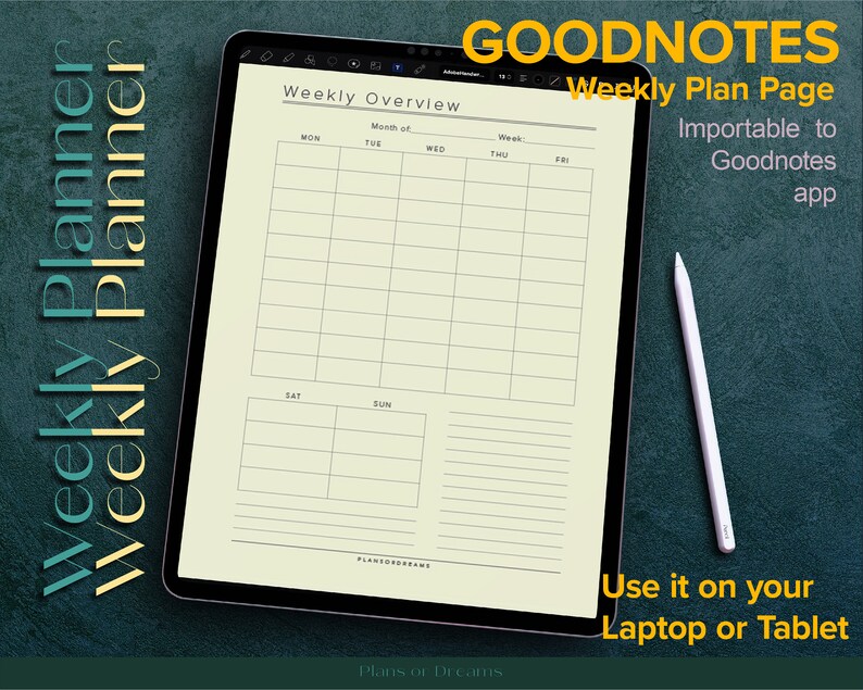 Goodnotes Yellow Page Weekly Planner Weekly Overview for Goodnotes