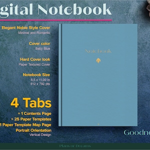 Digital Notebook with Tabs, Hyperlinked Digital Notebook, 25 Paper Templates, Goodnotes Notebook, Subject notebook, Goodnote notebook
