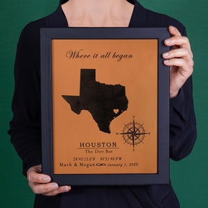 May include: A framed print with a brown background featuring a black silhouette of the state of Texas with a heart in the Houston area. The text "Where it all began" is at the top of the print. The text "HOUSTON" is below the state with the text "The Dirt Bar" below that. The coordinates "29°45'13.0"N 95°21'48.9"W" are below the bar name. The text "Mark & Megan" and "January 1, 2020" are at the bottom of the print.
