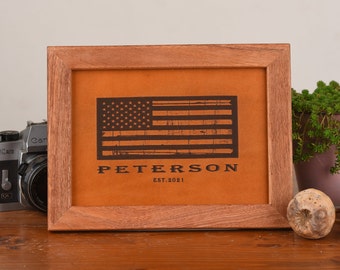 Engraved Leather American Flag: Military, Police Retirement Gift