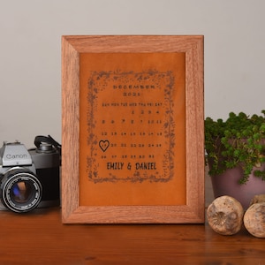 Engraved Leather Anniversary Calendar: Personalized Wooden Frame Gift