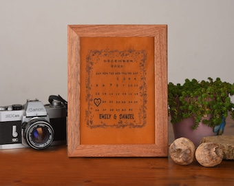 Engraved Leather Anniversary Calendar: Personalized Wooden Frame Gift