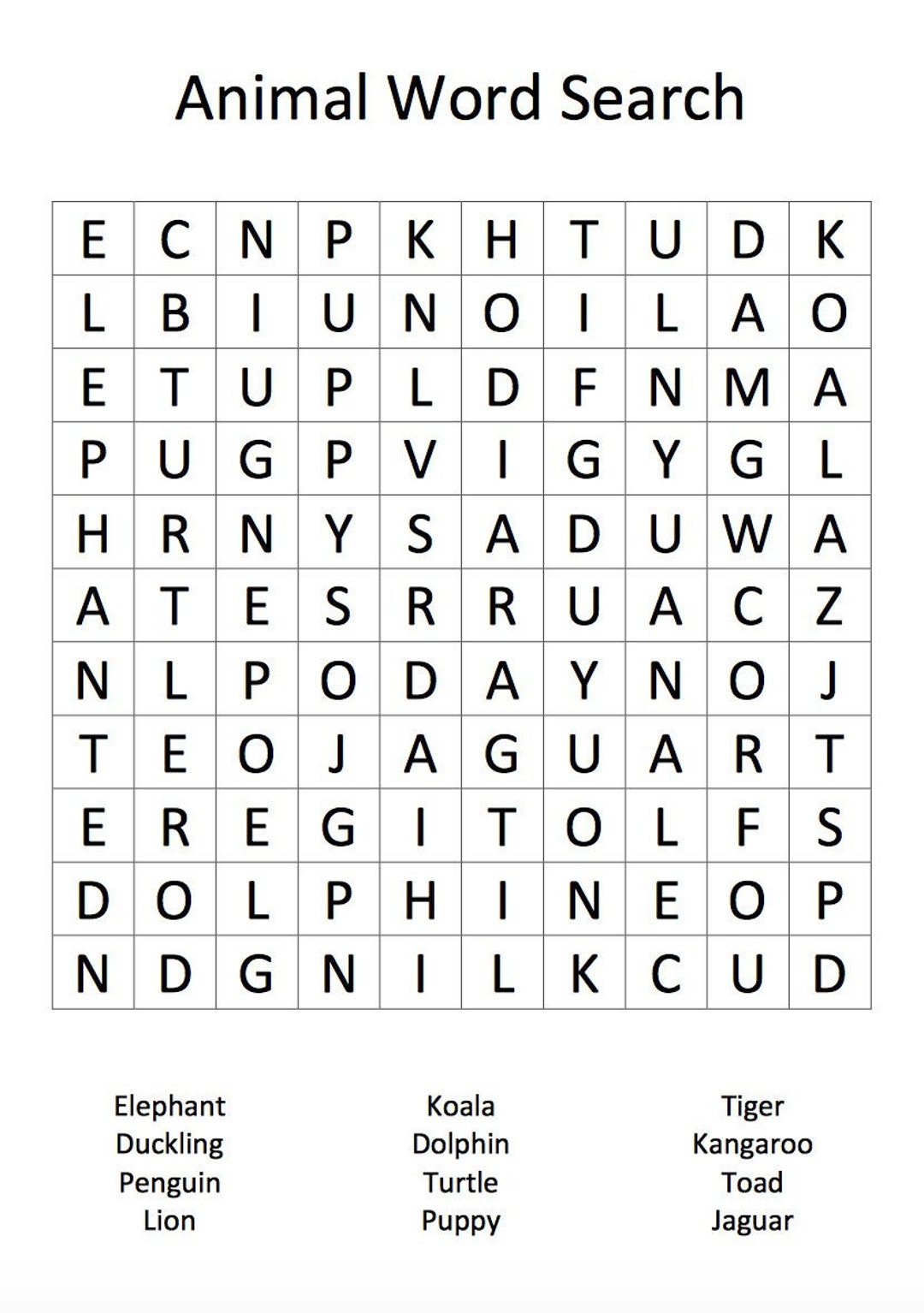 A4 Animal Word Search Printable - Etsy