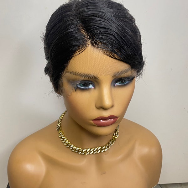 Short human hairs pixie wigs with frontal lace a realistic lines