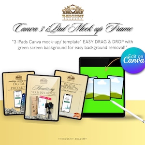 Puede incluir: Una plantilla de maqueta de Canva con tres pantallas de iPad con fondos de pantalla verdes. Los iPads están dispuestos en fila, con el iPad superior ligeramente inclinado hacia el espectador. El texto "Edit on Canva" se muestra en un círculo azul en la esquina superior derecha de la imagen. Los iPads muestran varios productos digitales, incluidos "Making Money with Digital Products" y "Monetizing Your Influence".