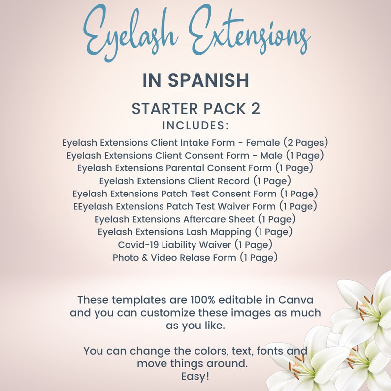 SPANISH Eyelash Extension Business Forms, Editable Lash Artist Consent
