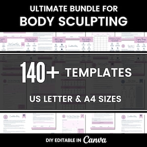Puede incluir: Un paquete digital para body sculpting, con más de 140 plantillas en tamaños US Letter y A4. La imagen muestra varios documentos con acentos rosas y texto, incluyendo la frase "Body Sculpting". Las plantillas son editables en Canva.
