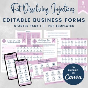 May include: A set of 8 printable PDF forms for fat dissolving injections. The forms are editable in Canva and include a client intake and medical history form, a client consent form, pre-treatment instructions, and after-treatment instructions. The forms are pink and blue with a modern design.