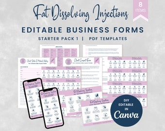May include: A set of 8 printable PDF forms for fat dissolving injections. The forms are editable in Canva and include a client intake and medical history form, a client consent form, pre-treatment instructions, and after-treatment instructions. The forms are pink and blue with a modern design.