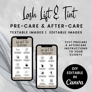 Digitale wimperlift- en kleurkaarten voor- en nazorg, tekstbare instructies voor wimperlifting voor klantenzorg, SKU LLTDT1E