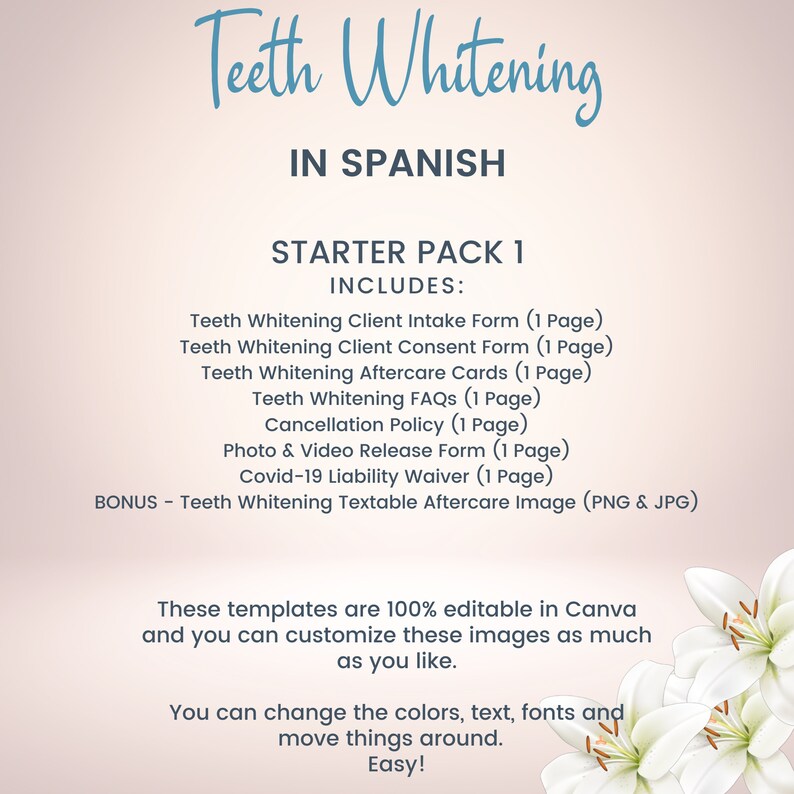 SPANISH Teeth Whitening Business Forms Editable Tooth Etsy