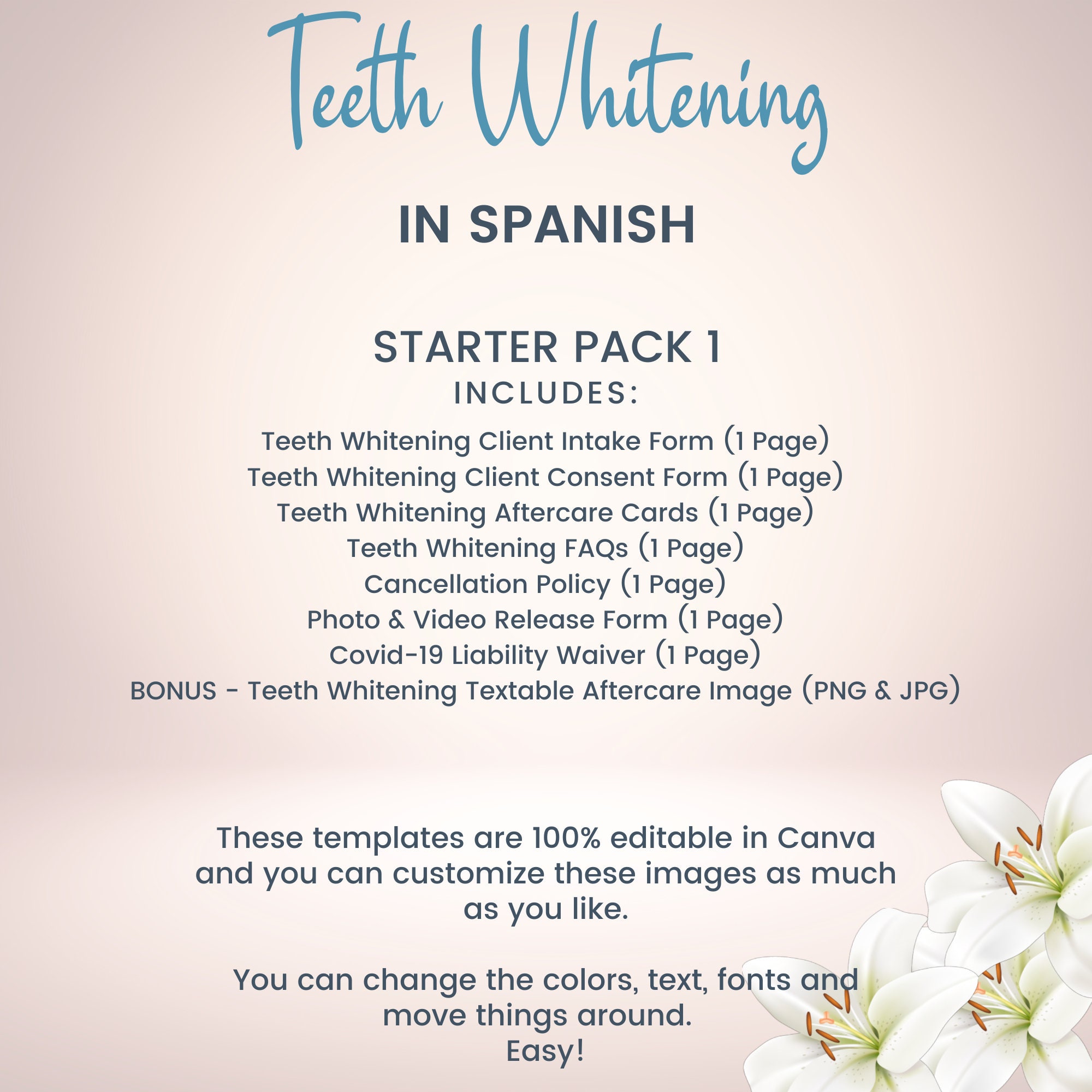 SPANISH Teeth Whitening Business Forms, Editable Tooth Whitening Client Intake and Consent