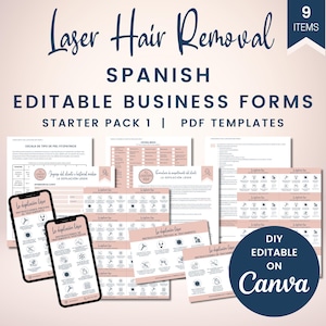 May include: A set of nine printable PDF templates for laser hair removal businesses. The templates are in Spanish and are designed to be edited in Canva. The templates include forms for client intake, consent, and treatment plans.