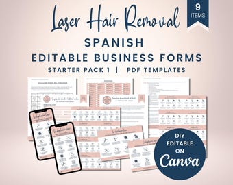 SPANISH Laser Hair Removal Intake, Consent Form with Fitzpatrick Scale, Pre-care Aftercare Forms, DIY Editable Canva Template, SKU SLHRSP1
