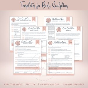 May include: A collection of pink and white client consent forms for body sculpting treatments. The forms include sections for Electro Muscle Stimulation, Ultrasound Cavitation, Wood Therapy, Body Sculpting, Laser Lipo, and Brazilian Butt Lift Cupping. The text "Templates for Body Sculpting" is at the top.