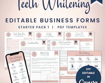 Teeth Whitening Business Forms Template Bundle, Bearbeitbare Zahnaufhellung Kundeneinnahme und Zustimmung, Zahnpflege und FAQs, SKU TWSP1