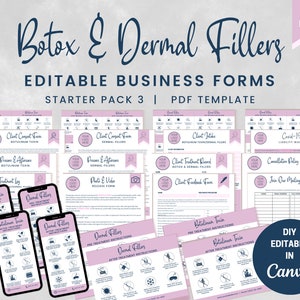 May include: A set of 21 printable business forms for Botox and Dermal Fillers. The forms are pink and blue with a white background. The forms are editable in Canva. The text on the image reads "Botox & Dermal Fillers", "Editable Business Forms", "Starter Pack 3", "PDF Template", "DIY Editable in Canva", and "21 Items".