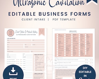 May include: A pink and white printable PDF template for a client intake form for ultrasonic cavitation treatments. The form includes sections for client information, medical history, and areas to be treated. The template is editable in Canva and includes a download button.