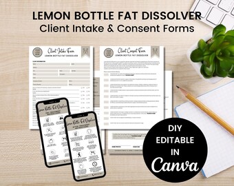 Formularpaket für die Fettauflösungsbehandlung mit der Zitronenflasche, Anamnese- und Einverständniserklärungsformulare, bearbeitbare Canva-Vorlagen, Bilder für die Vor- und Nachsorge, Artikelnummer LBSP1