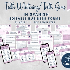 Formulários comerciais de clareamento dental e gemas dentárias em ESPANHOL, formulário editável de ingestão e consentimento de joias dentárias, cartões textuais de cuidados posteriores, SKU STWTGB1