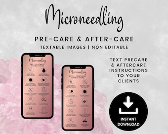 Textbare Microneedling Vor- und Nachsorge-Karten, digitale Anweisungen für die Pflege, PNG-Bilder für Kosmetikerinnen, Skin Pen Needleling SKU MNDT1