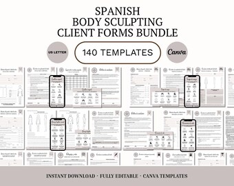 Paket mit Formularen für spanische Körperformung, bearbeitbare Canva-Vorlagen, Einverständnis-, Anamnese- und Behandlungsformulare, textbasierte Vor- und Nachsorge, Artikelnummer SUBSB1