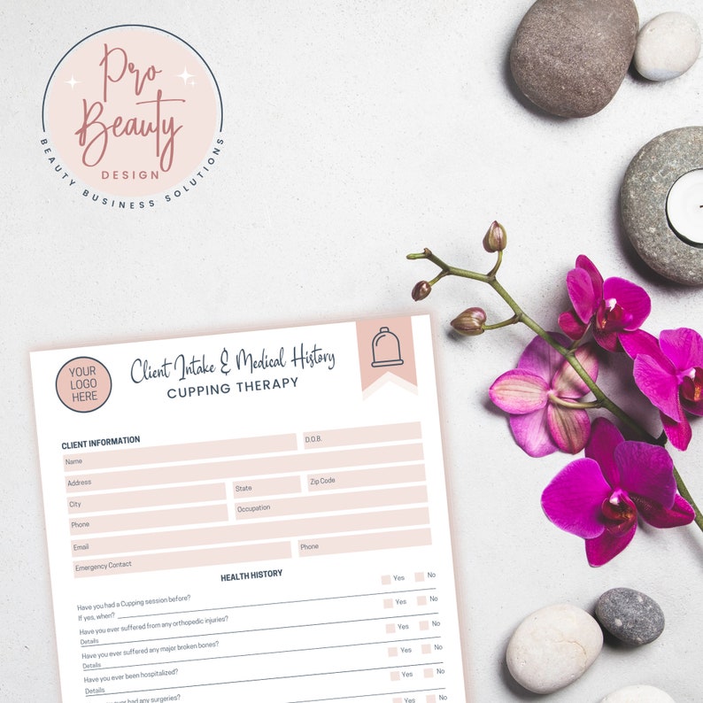 May include: A pink and white client intake and medical history form for cupping therapy. The form includes sections for client information, health history, and a signature line. The form is designed for a beauty business.