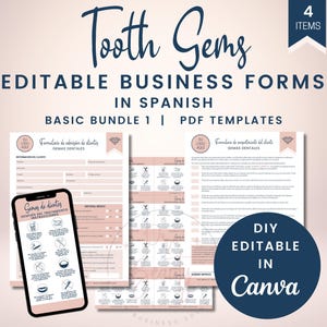 Puede incluir: Cuatro plantillas PDF imprimibles para un negocio de gemas dentales en español. Las plantillas son editables en Canva e incluyen formularios para información del cliente, instrucciones de cuidado posterior y formularios de consentimiento.