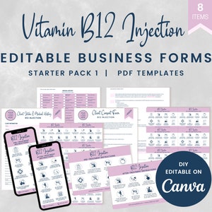 Formulaires commerciaux d'injection de vitamine B12, formulaire de consentement pour les injectables, cartes de soins préalables et de suivi B12, formulaires d'injecteur d'infirmière Medi Spa, SKU B12SP1
