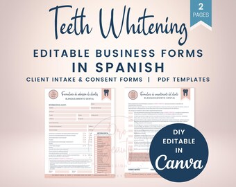 May include: Two printable PDF templates for teeth whitening client intake and consent forms in Spanish. The forms are editable in Canva and feature a pink and white color scheme with a tooth graphic.