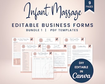May include: A set of nine printable PDF forms for infant massage businesses. The forms are editable in Canva and include a client intake and medical history form, a client treatment form, a client treatment record, a FAQ, a Covid-19 liability waiver, a client consent form, and a cancellation policy. The forms are designed with a pink and blue color scheme and feature a stylized footprint graphic.
