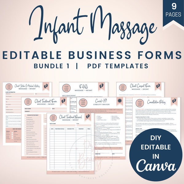 Infant Massage Business Forms, Editable Baby Massage Client Intake and Consent Forms, Baby Massage FAQs, Client Treatment Forms, SKU IMB1