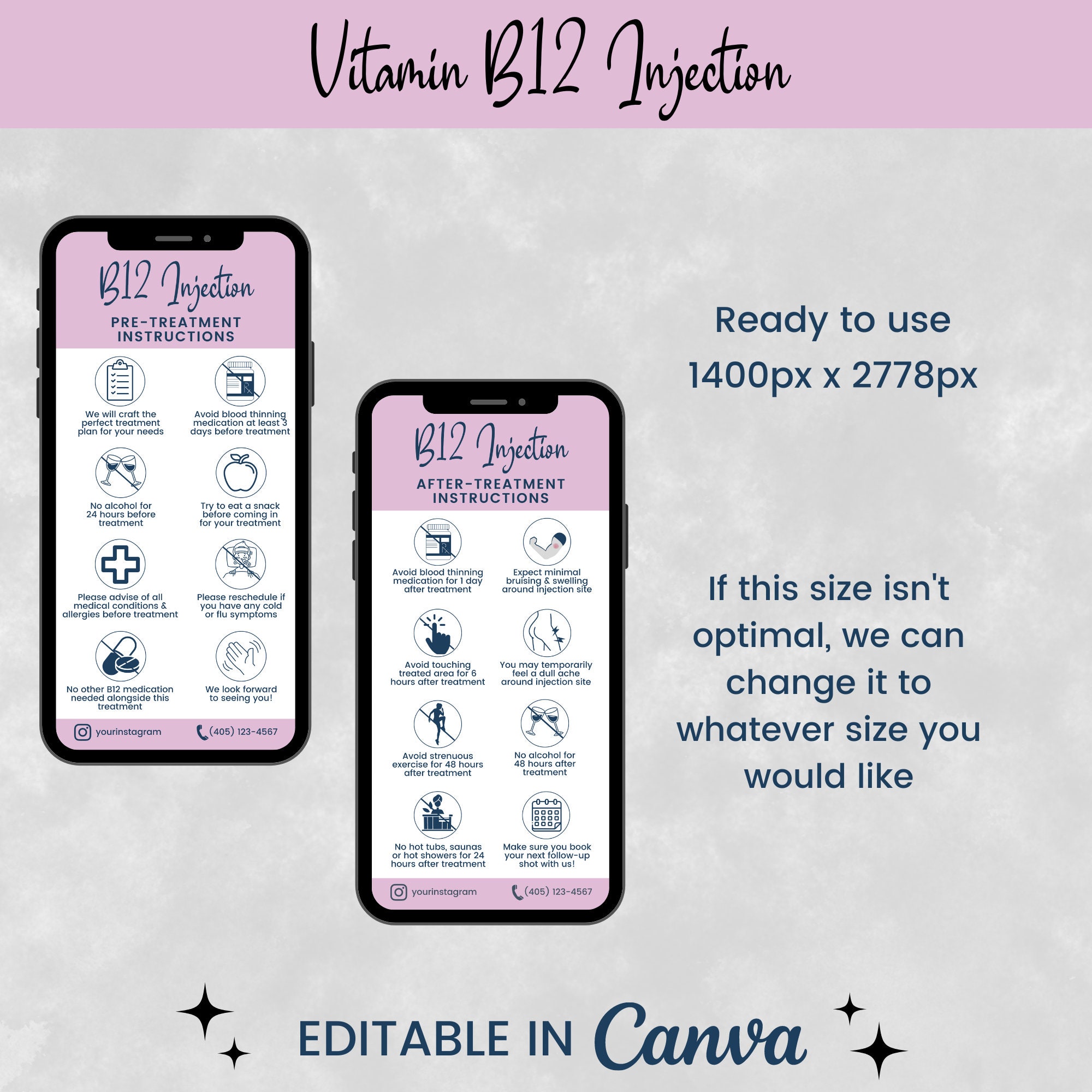 Textable Vitamin B12 Injection Precare and Aftercare Instructions,  Injectables Aftercare, Medi Spa Nurse Injector Cards, SKU B12DTE