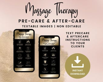 Könnte beinhalten: Zwei schwarze und goldene Smartphone-Mockups mit dem Text "Massage Therapy Pre-Treatment Instructions" und "Massage Therapy After-Treatment Instructions". Der Text ist in goldener Schrift. Die Mockups befinden sich auf einem rosa und goldenen Hintergrund. Der Text "Text Precare & Aftercare Instructions to Your Clients" ist in schwarzer Schrift. Ein goldener Download-Button mit einem weißen Pfeil befindet sich unter dem Text.