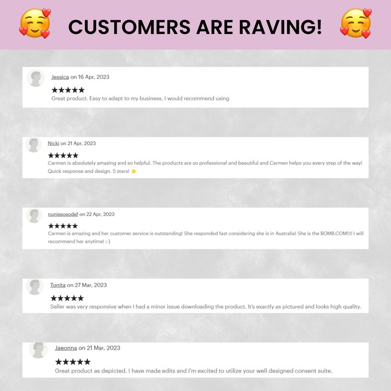 K&ouml;nnte beinhalten: Ein Screenshot einer Website mit Kundenbewertungen. Die Bewertungen sind positiv und heben die Qualit&auml;t der Produkte und den exzellenten Kundenservice hervor. Die Bewertungen stammen von Kunden namens Jessica, Nicki, nuniesosodef, Tonita und Jaeonna.