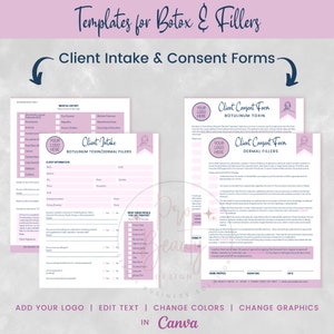 May include: Pink and blue printable client intake and consent forms for Botox and dermal fillers. The forms include sections for client information, medical history, and consent to treatment. The forms are customizable with a logo, text, colors, and graphics.