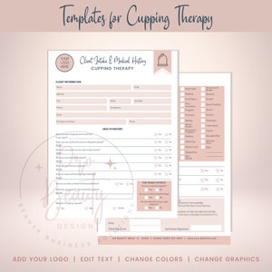 May include: A printable client intake and medical history form for cupping therapy. The form includes sections for client information, health history, and questions for female patients. The form has a pink and white color scheme with a bell icon in the top right corner.