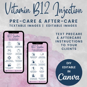 Textable Vitamin B12-Injektionsvor- und Nachsorgeanweisungen, Injizierbare Nachsorge, Medi Spa-Krankenschwester-Injektorkarten, SKU B12DTE