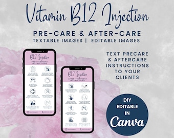 Textable Vitamin B12 Injection Precare and Aftercare Instructions, Injectables Aftercare, Medi Spa Nurse Injector Cards, SKU B12DTE