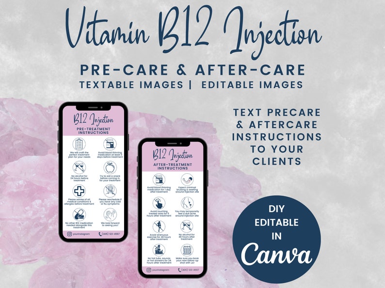 Instructions textuelles de pré-entretien et de suivi des injections de vitamine B12, soins de suivi des injectables, cartes d'injection pour infirmières Medi Spa, SKU B12DTE image 1
