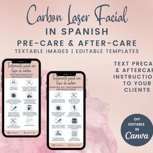 Schede digitali per la cura e la post-cura del viso con laser al carbonio in SPAGNOLO, scheda per la cura del viso China Doll modificabile, scheda per il viso Hollywood con testo SKU SCLFDTE