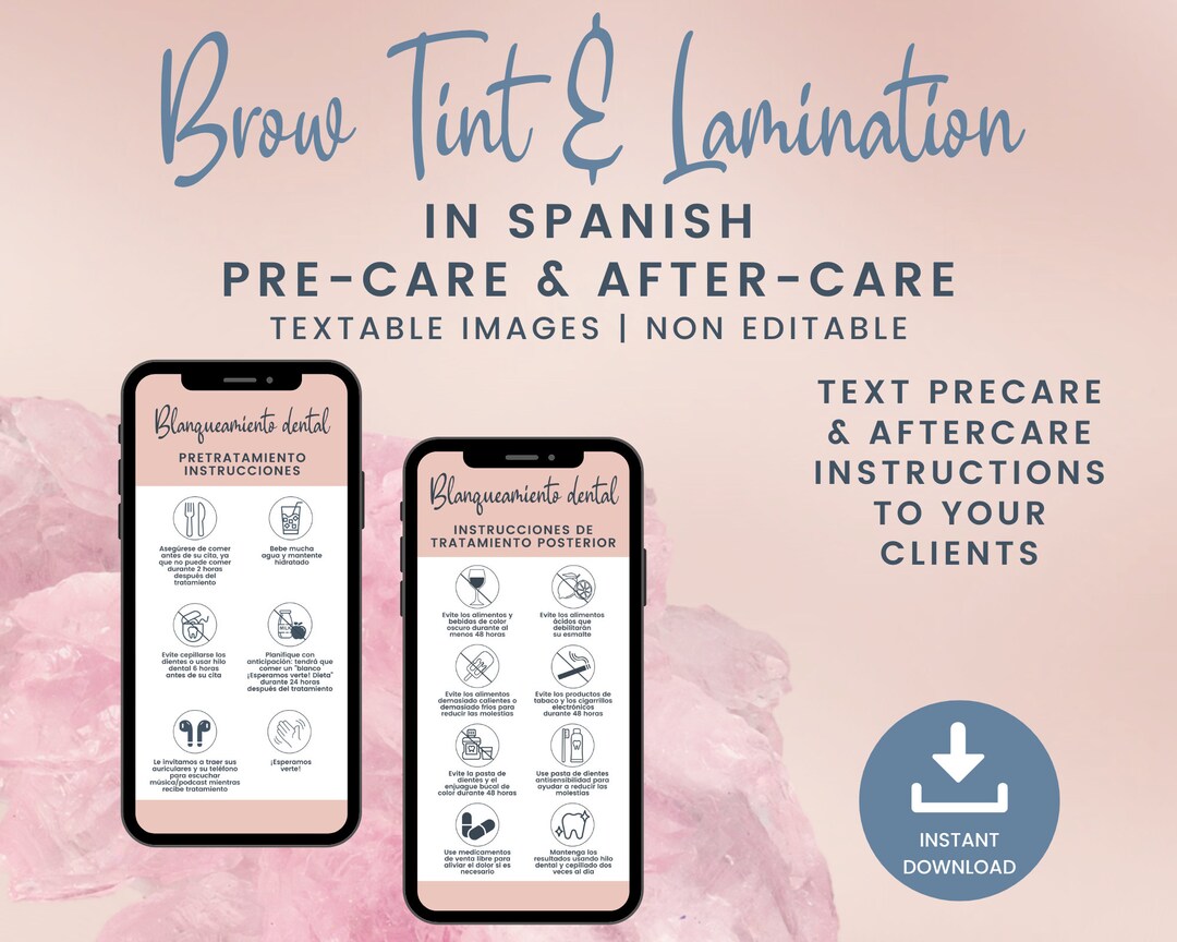 SPANISH Brow Tint and Lamination Precare and Aftercare Cards, Textable