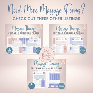Pode incluir: Tr&ecirc;s listagens de produtos digitais para formul&aacute;rios de terapia de massagem. As listagens s&atilde;o para formul&aacute;rios de admiss&atilde;o e consentimento do cliente, formul&aacute;rios de admiss&atilde;o do cliente e formul&aacute;rios de admiss&atilde;o do cliente do sexo masculino. Cada listagem tem um esquema de cores rosa e azul e apresenta uma imagem estilizada de uma pessoa recebendo uma massagem. As listagens s&atilde;o edit&aacute;veis e podem ser usadas no Canva.
