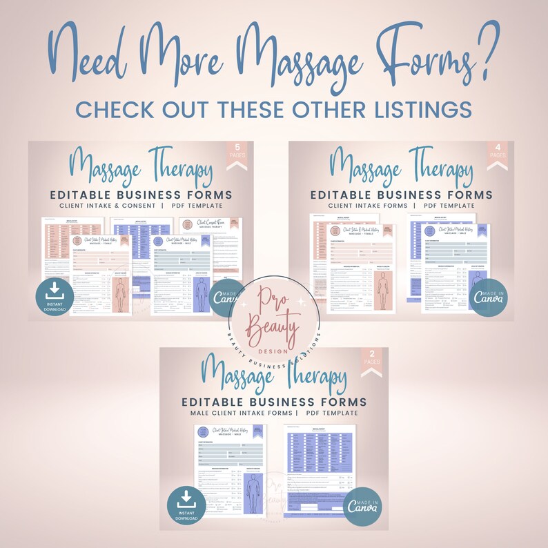 Editable Unisex Massage Therapy Intake Forms, Non Gender Client Intake