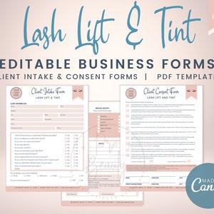 Puede incluir: Formularios de negocio editables para servicios de lifting y tinte de pestañas. Los formularios incluyen un formulario de admisión del cliente y un formulario de consentimiento del cliente. Los formularios son de color rosa y blanco con un gráfico estilizado de pestañas. El texto en los formularios dice "Formulario de admisión del cliente - Lifting y tinte de pestañas" y "Formulario de consentimiento del cliente - Lifting y tinte de pestañas".